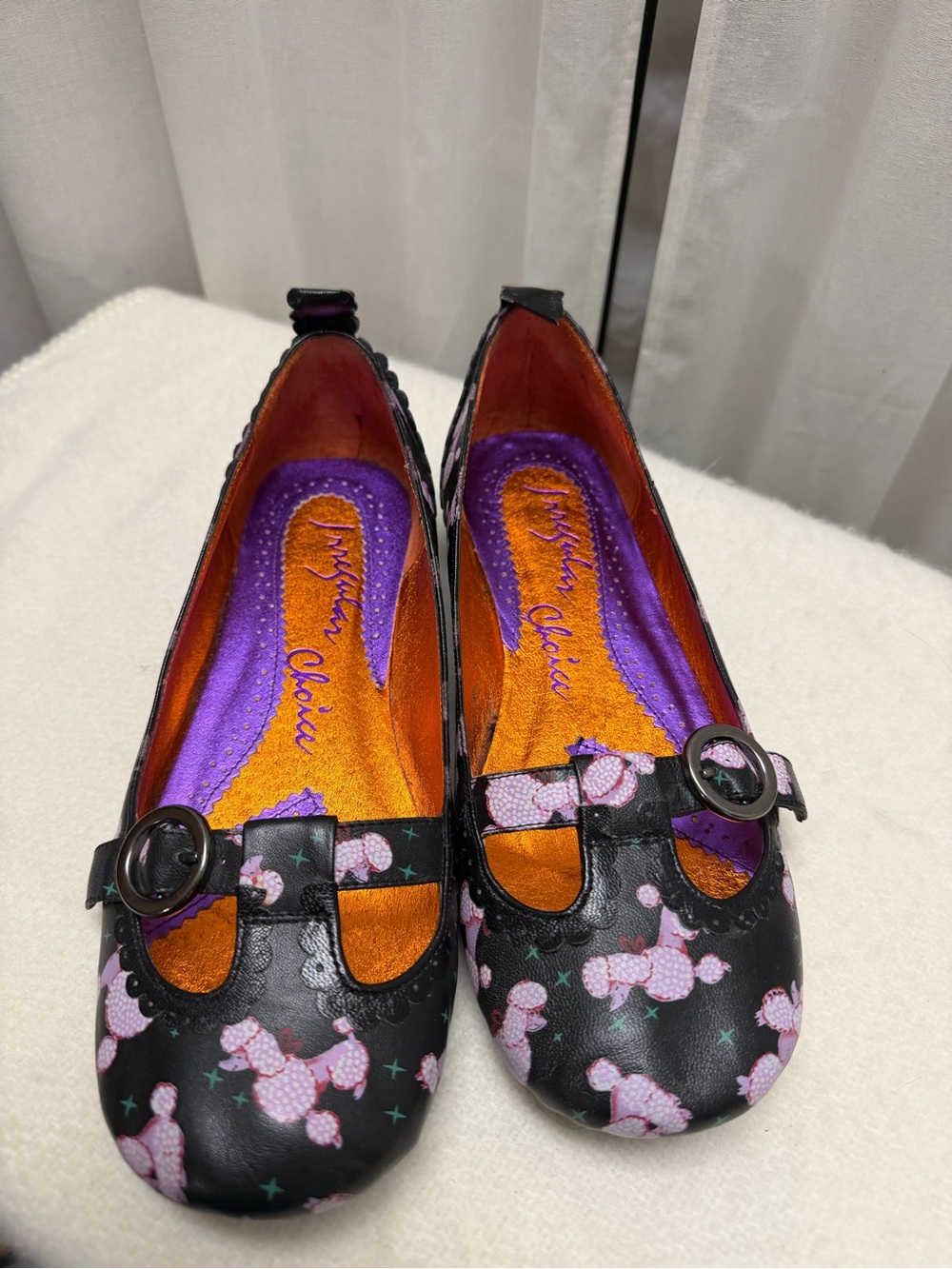 Irregular Choice Black Mary Jane Flats with Pink Poodle Motif